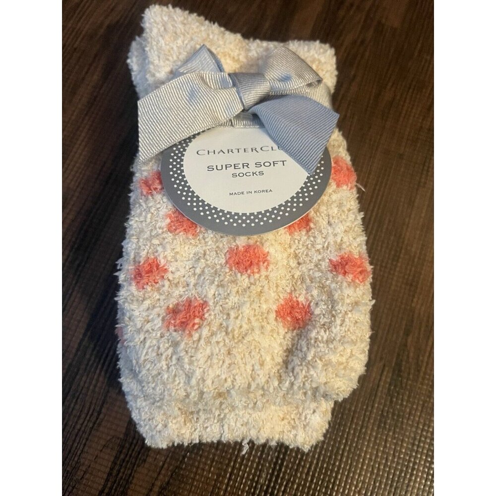 Charter Club Women's Soft Fuzzy Butter Socks Polka Dots 9-11 Fits Shoe Size 6-10
